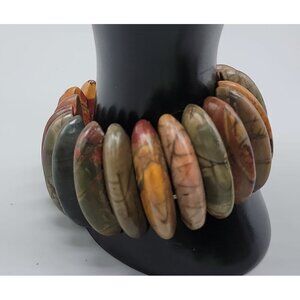 Natural Jasper Stretch Bracelet Multicolor Half Moon Wedges Green Red Orange 8"
